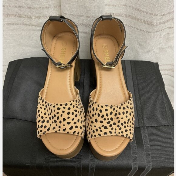 Shein Shoes - Leopard Print Platform Open Toe with Ankle Strap Shoes for Women 8